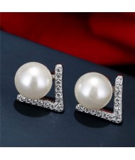 Pearl and Cubic Zirconia Inlaid Unique Elegant Style Women Fashion Stud Earrings - White