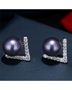 Pearl and Cubic Zirconia Inlaid Unique Elegant Style Women Fashion Stud Earrings - Black