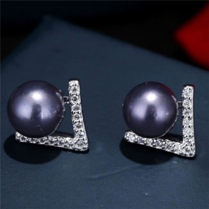 Pearl and Cubic Zirconia Inlaid Unique Elegant Style Women Fashion Stud Earrings - Black