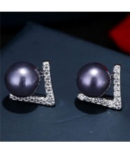 Pearl and Cubic Zirconia Inlaid Unique Elegant Style Women Fashion Stud Earrings - Black