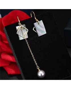 Oblong Shape Seashell with Dangling Pearl Asymmetric Design Fashion Earrings