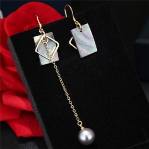 Oblong Shape Seashell with Dangling Pearl Asymmetric Design Fashion Earrings