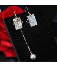 Oblong Shape Seashell with Dangling Pearl Asymmetric Design Fashion Earrings