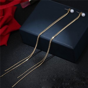 Graceful Long Tassel Pearl Stud Earrings - Golden