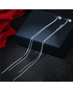 Graceful Long Tassel Pearl Stud Earrings - Silver