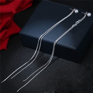 Graceful Long Tassel Pearl Stud Earrings - Silver