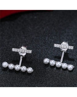 Sweet Korean Fashion Pearl and Cubic Zirconia Elegant Costume Earrings - Silver
