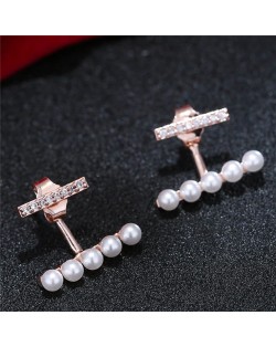 Sweet Korean Fashion Pearl and Cubic Zirconia Elegant Costume Earrings - Rose Gold