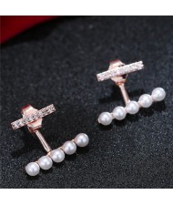 Sweet Korean Fashion Pearl and Cubic Zirconia Elegant Costume Earrings - Rose Gold