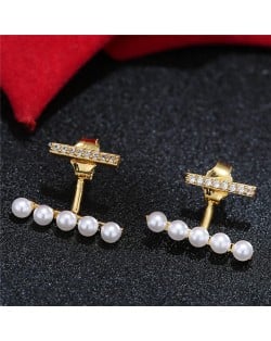 Sweet Korean Fashion Pearl and Cubic Zirconia Elegant Costume Earrings - Golden
