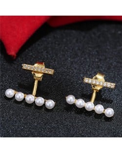 Sweet Korean Fashion Pearl and Cubic Zirconia Elegant Costume Earrings - Golden