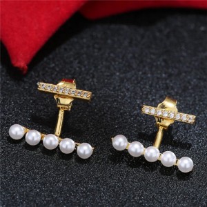 Sweet Korean Fashion Pearl and Cubic Zirconia Elegant Costume Earrings - Golden