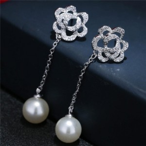 Cubic Zirconia Embellished Hollow Flower with Dangling Pearl Design Stud Earrings