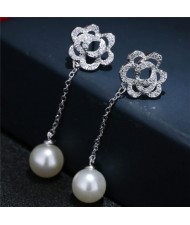 Cubic Zirconia Embellished Hollow Flower with Dangling Pearl Design Stud Earrings