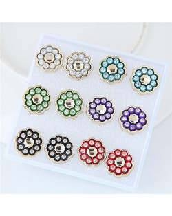 Rhinestone Inlaid Flower Shape Stud Earrings Set (6 Pairs)
