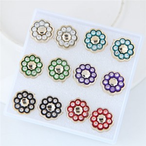 Rhinestone Inlaid Flower Shape Stud Earrings Set (6 Pairs)