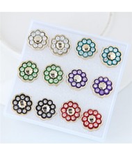 Rhinestone Inlaid Flower Shape Stud Earrings Set (6 Pairs)
