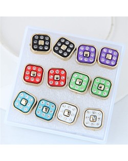 Rhinestone Inlaid Square Shape Fashion Earrings Set (6 Pairs)