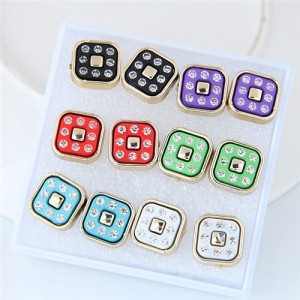 Rhinestone Inlaid Square Shape Fashion Earrings Set (6 Pairs)