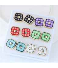 Rhinestone Inlaid Square Shape Fashion Earrings Set (6 Pairs)