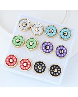 Rhinestone Inlaid Round Shape Fashion Stud Earrings Set (6 Pairs)
