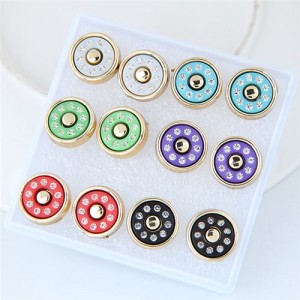 Rhinestone Inlaid Round Shape Fashion Stud Earrings Set (6 Pairs)