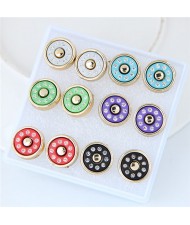 Rhinestone Inlaid Round Shape Fashion Stud Earrings Set (6 Pairs)