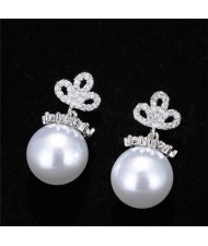 Cubic Zirconia Clover Crown Design Pearl Stud Earrings