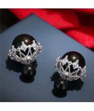 Cubic Zirconia Inlaid Hollow Floal Alloy Pattern Attached Dual Pearls Stud Earrings - Black