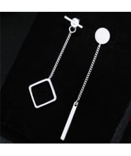 Dangling Square and Stick Asymmetric Design Fashion Stud Earrings
