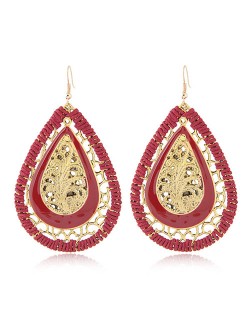Hollow Leave Inlaid Waterdrop Shape Vintage Weaving Fashion Stud Earrings - Red