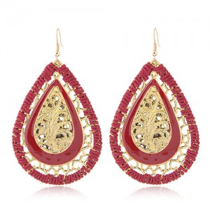 Hollow Leave Inlaid Waterdrop Shape Vintage Weaving Fashion Stud Earrings - Red