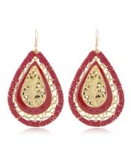 Hollow Leave Inlaid Waterdrop Shape Vintage Weaving Fashion Stud Earrings - Red