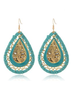 Hollow Leave Inlaid Waterdrop Shape Vintage Weaving Fashion Stud Earrings - Blue