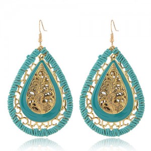 Hollow Leave Inlaid Waterdrop Shape Vintage Weaving Fashion Stud Earrings - Blue