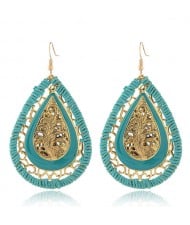 Hollow Leave Inlaid Waterdrop Shape Vintage Weaving Fashion Stud Earrings - Blue