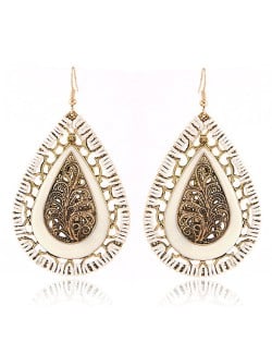Hollow Leave Inlaid Waterdrop Shape Vintage Weaving Fashion Stud Earrings - White