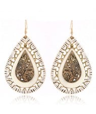 Hollow Leave Inlaid Waterdrop Shape Vintage Weaving Fashion Stud Earrings - White