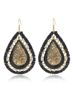 Hollow Leave Inlaid Waterdrop Shape Vintage Weaving Fashion Stud Earrings - Black