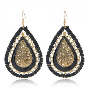 Hollow Leave Inlaid Waterdrop Shape Vintage Weaving Fashion Stud Earrings - Black