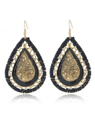 Hollow Leave Inlaid Waterdrop Shape Vintage Weaving Fashion Stud Earrings - Black