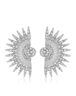 Shining Rhinestone Embellished Fan-shaped Floral Design Fashion Stud Earrings - Silver