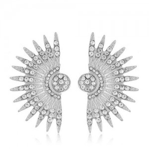 Shining Rhinestone Embellished Fan-shaped Floral Design Fashion Stud Earrings - Silver