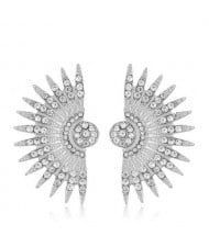 Shining Rhinestone Embellished Fan-shaped Floral Design Fashion Stud Earrings - Silver