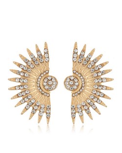 Shining Rhinestone Embellished Fan-shaped Floral Design Fashion Stud Earrings - Golden