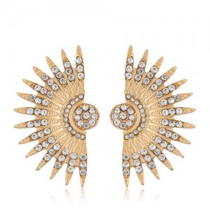 Shining Rhinestone Embellished Fan-shaped Floral Design Fashion Stud Earrings - Golden