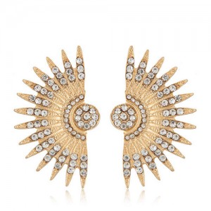 Shining Rhinestone Embellished Fan-shaped Floral Design Fashion Stud Earrings - Golden