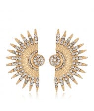 Shining Rhinestone Embellished Fan-shaped Floral Design Fashion Stud Earrings - Golden