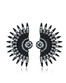 Shining Rhinestone Embellished Fan-shaped Floral Design Fashion Stud Earrings - Black