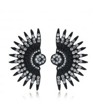Shining Rhinestone Embellished Fan-shaped Floral Design Fashion Stud Earrings - Black